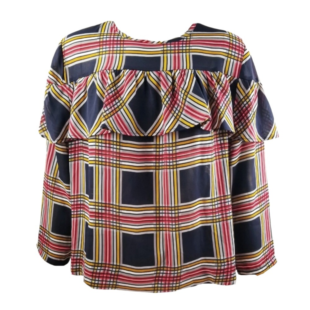CROWN & IVY Super Cute PLAID CREPE CHIFFON TOP Ruffle Flounce NAVY/MULTI sz M